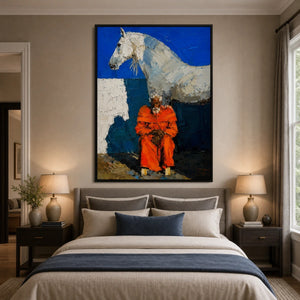 Scarlet Riders in a refined bedroom with black frame