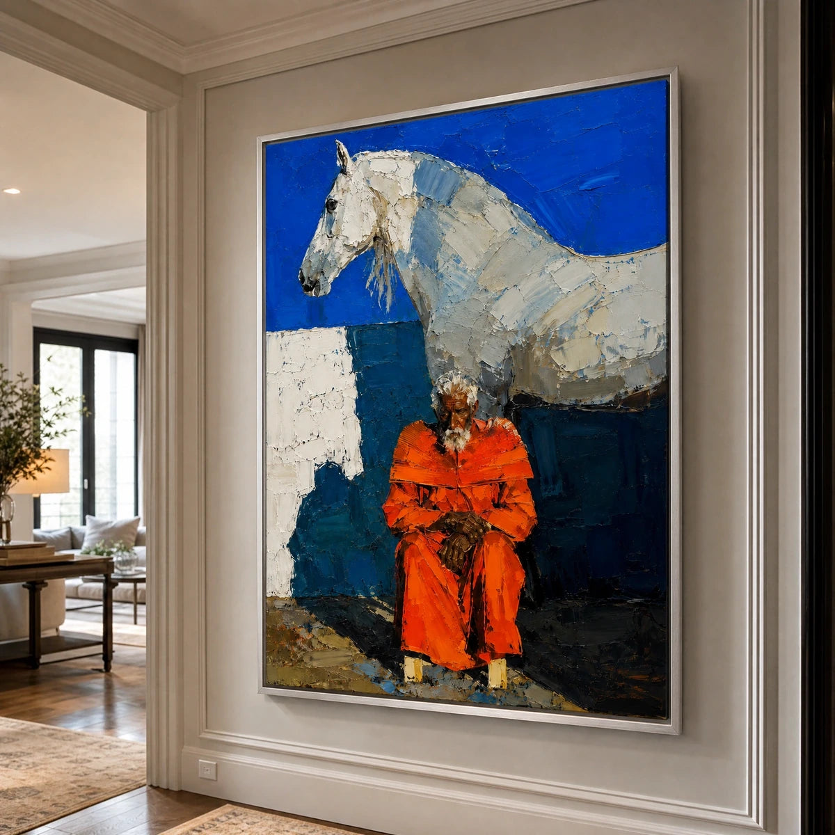 Scarlet Riders in a refined entry hall with silver frame