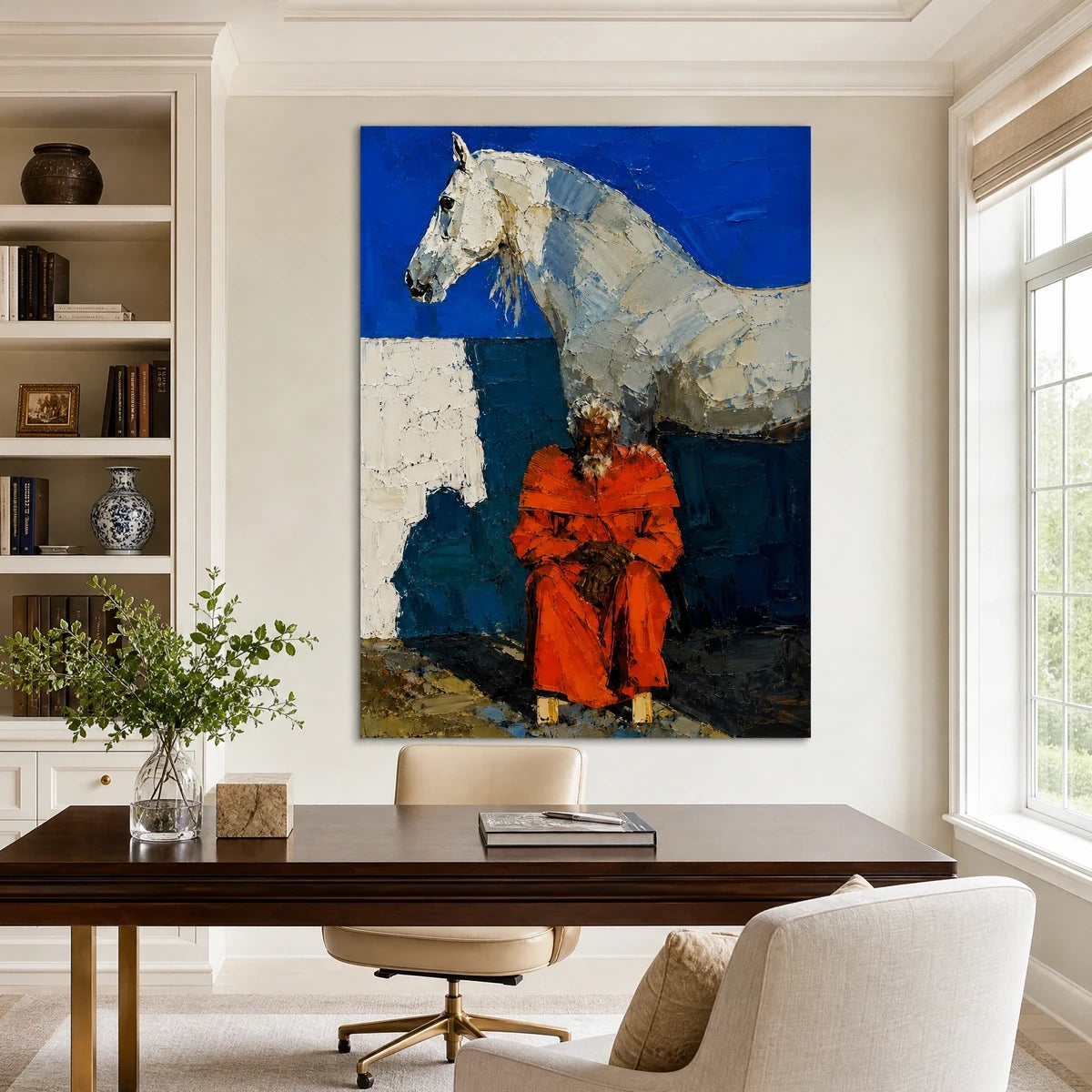 Scarlet Riders in a refined office, frameless