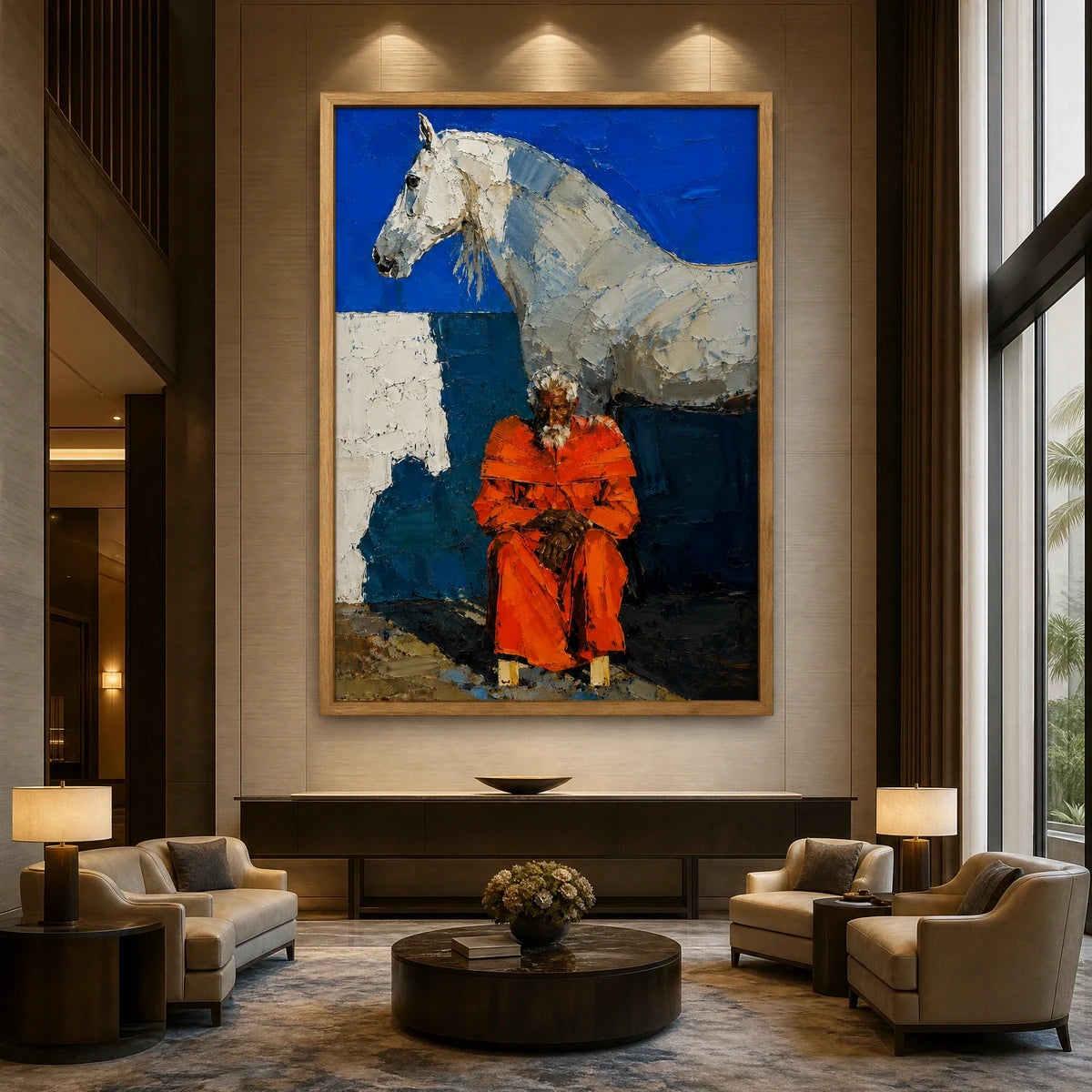 Scarlet Riders in a refined hotel interior with wood frame