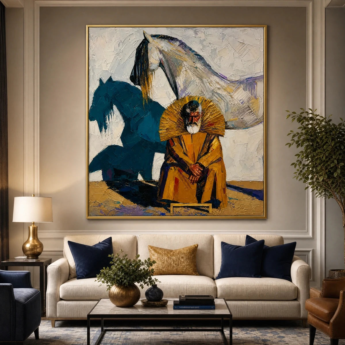 Equestrian Shadow in a refined living room with gold frame