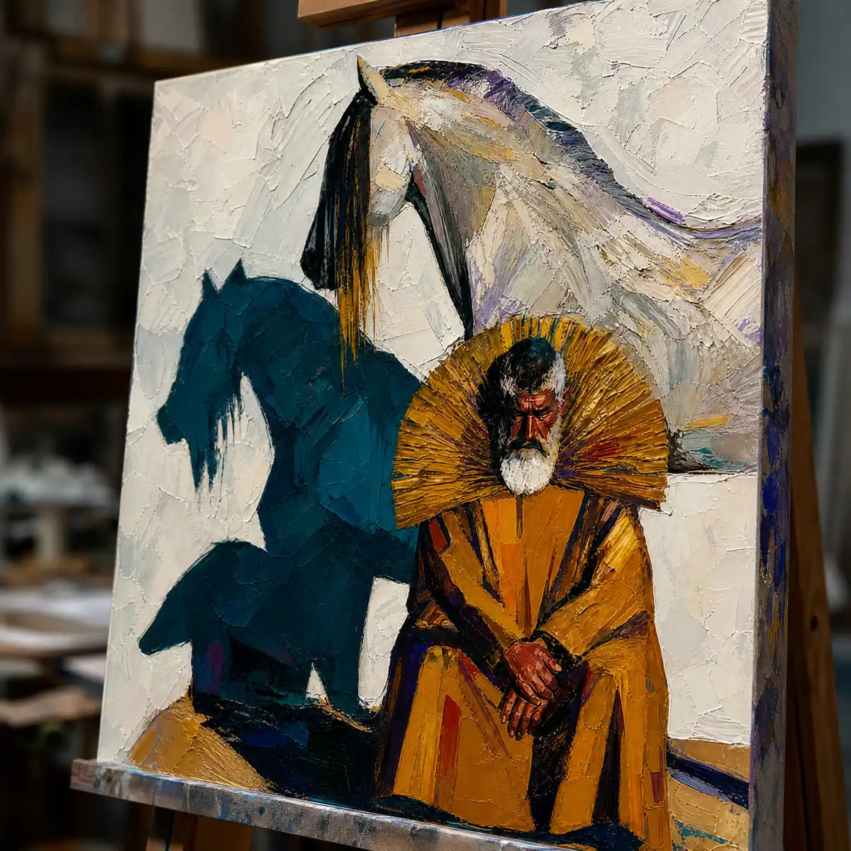 Close-up detail of Equestrian Shadow showing hand-painted texture and part of the frame