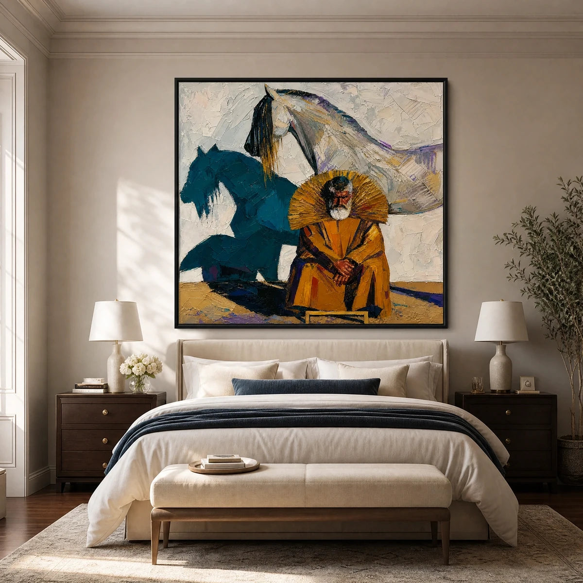 Equestrian Shadow in a refined bedroom with black frame