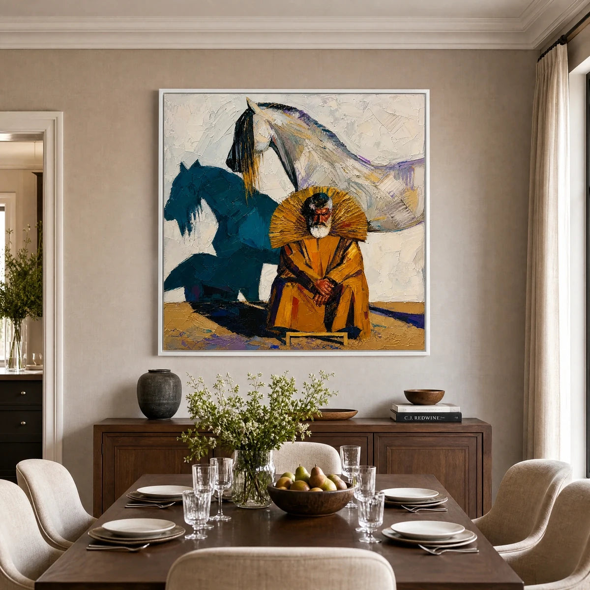 Equestrian Shadow in a refined dining room with white frame