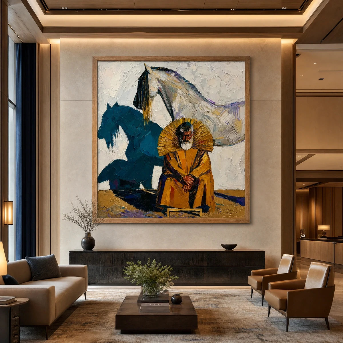 Equestrian Shadow in a refined hotel interior with wood frame
