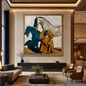 Equestrian Shadow in a refined hotel interior with wood frame
