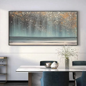 Aurora Dust horizontal abstract painting with gold accents, teal and grey textured streaks over ocean scene.