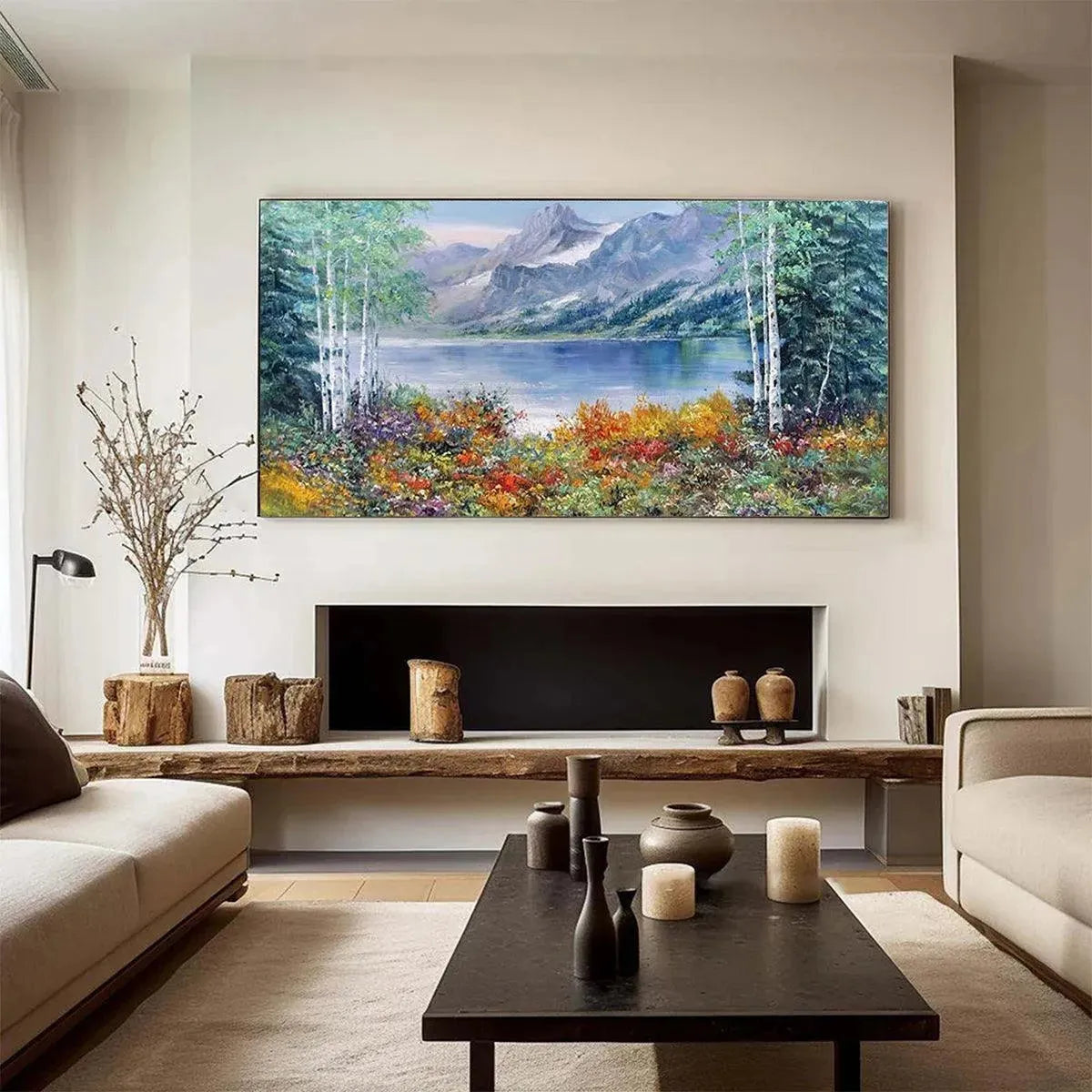 AUTUMN LAKE by Chen Liu: Panoramic autumn landscape oil painting with lake and mountains, perfect for living room decor