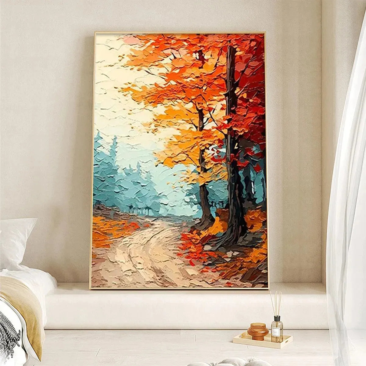 Autumn Path: Textured Forest Path Painting | Orange and Blue Wall Art | Vertical Canvas | Impasto Decor
