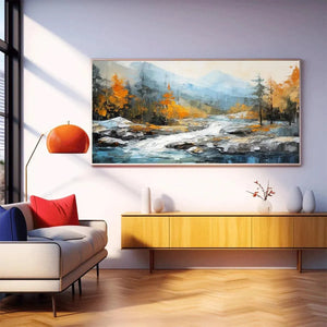 Liam O'Connell's Autumn River: textured impasto landscape painting of river, mountains, and vibrant fall trees.