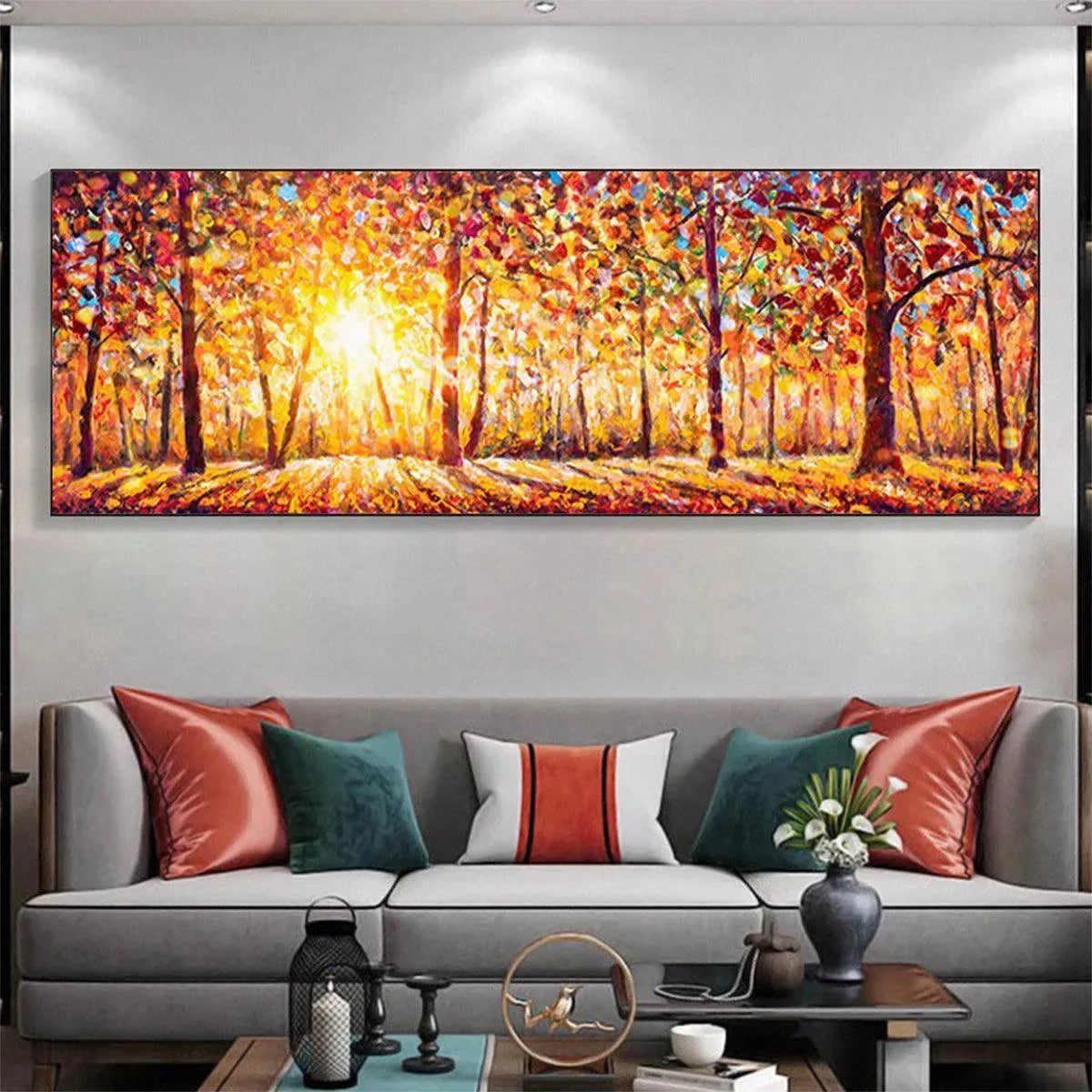 Panoramic impasto autumn forest painting with sunrise light filtering through vibrant orange and yellow foliage.