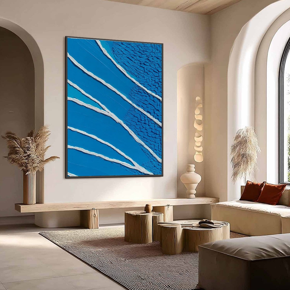 Azure Current abstract oil painting: textured blue with impasto white lines, modern wall art.