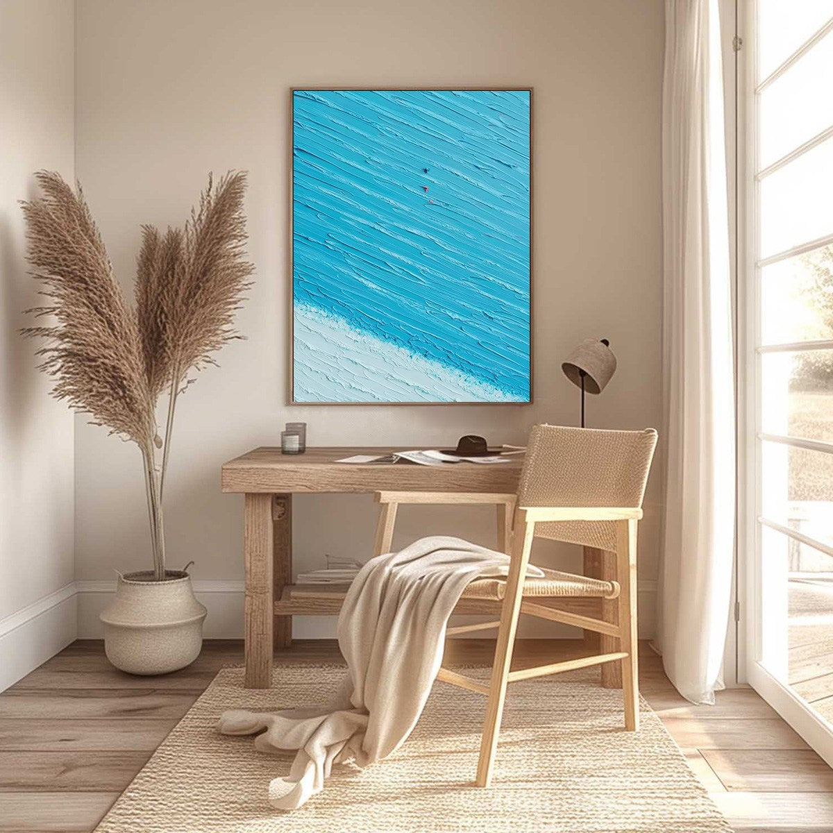 Textured abstract beach oil painting wall art 'Azure Drift', impasto style.