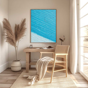 Textured abstract beach oil painting wall art 'Azure Drift', impasto style.