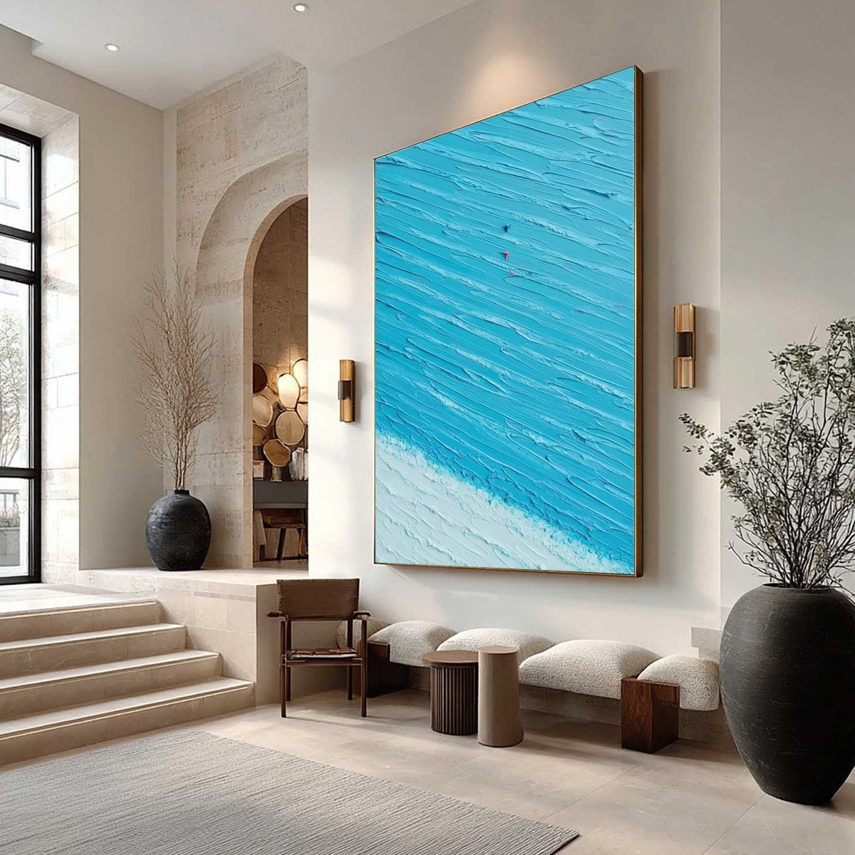 Original handmade abstract oil painting: 'Azure Drift', textured impasto blue waves wall art.