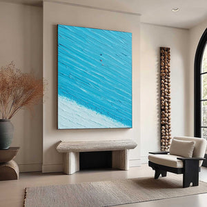 Azure Drift: textured abstract oil painting of blue waves & sand. Modern wall art.