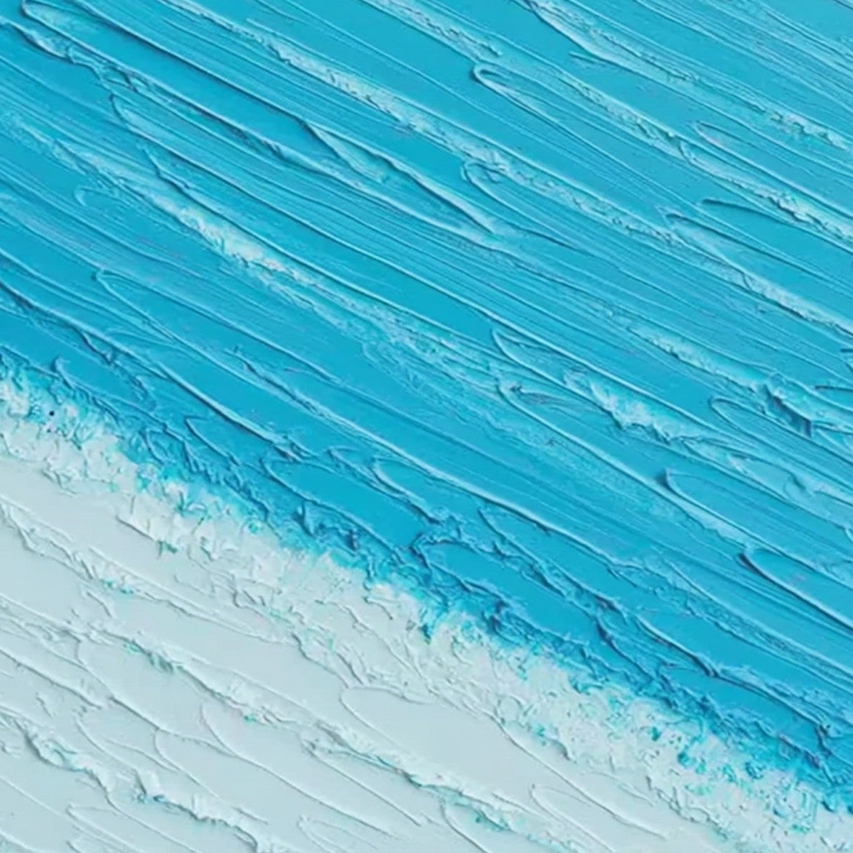 Azure Drift textured abstract beach oil painting: impasto turquoise waves and white sand.