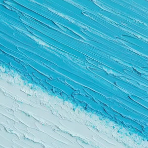 Azure Drift textured abstract beach oil painting: impasto turquoise waves and white sand.