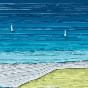 Textured original oil painting: abstract coastal seascape with sailboats for modern wall art.