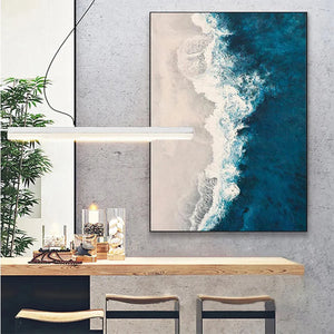 Azure Coast abstract coastal painting by Liam O'Connell, blue and beige artwork. Modern living room decor. Coastal art.