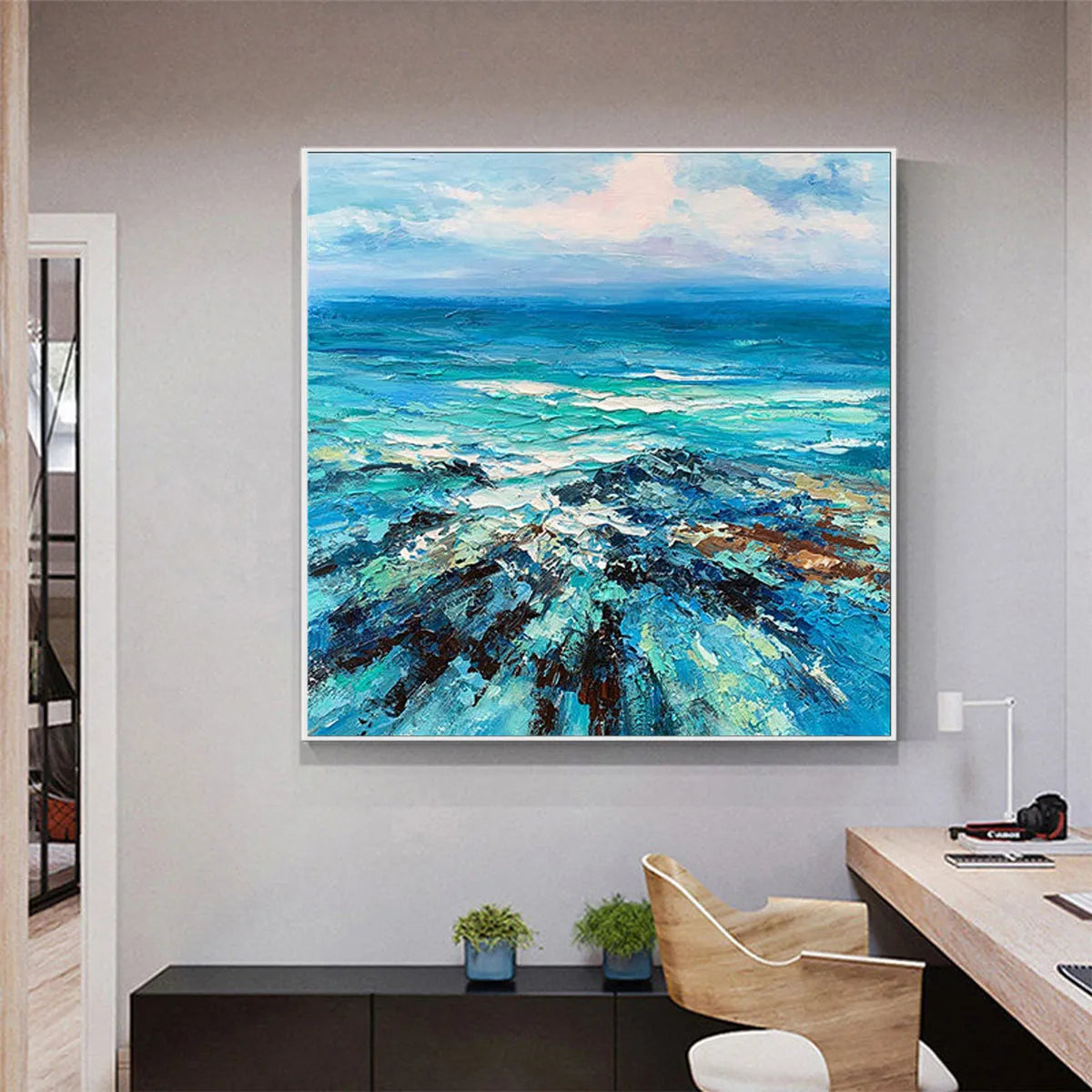 Azure Depths: Impasto Seascape Oil Painting in Blues and Greens on Canvas