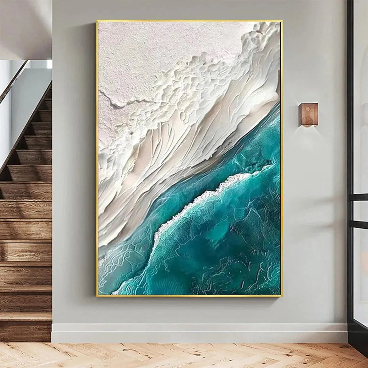AZURE DREAM textured vertical canvas art with impasto teal ocean waves and white sand in a modern living room