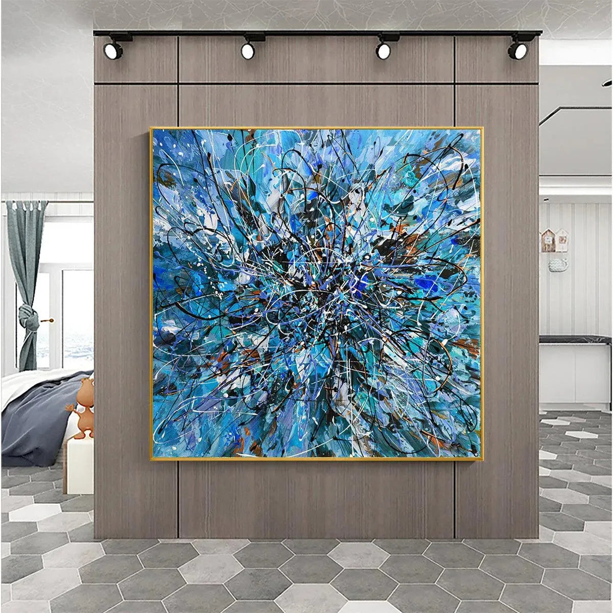 Azure Exploration: Abstract Blue and Black Oil Painting on Canvas