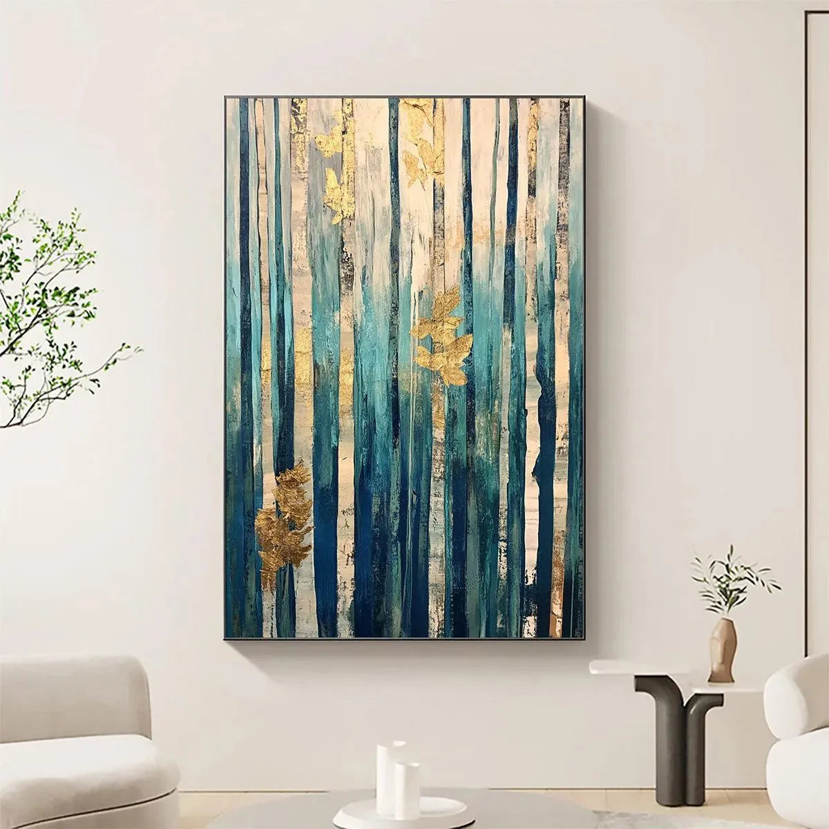 Azure Forest: Vertical Abstract Forest Oil Painting with Gold Leaf on Canvas