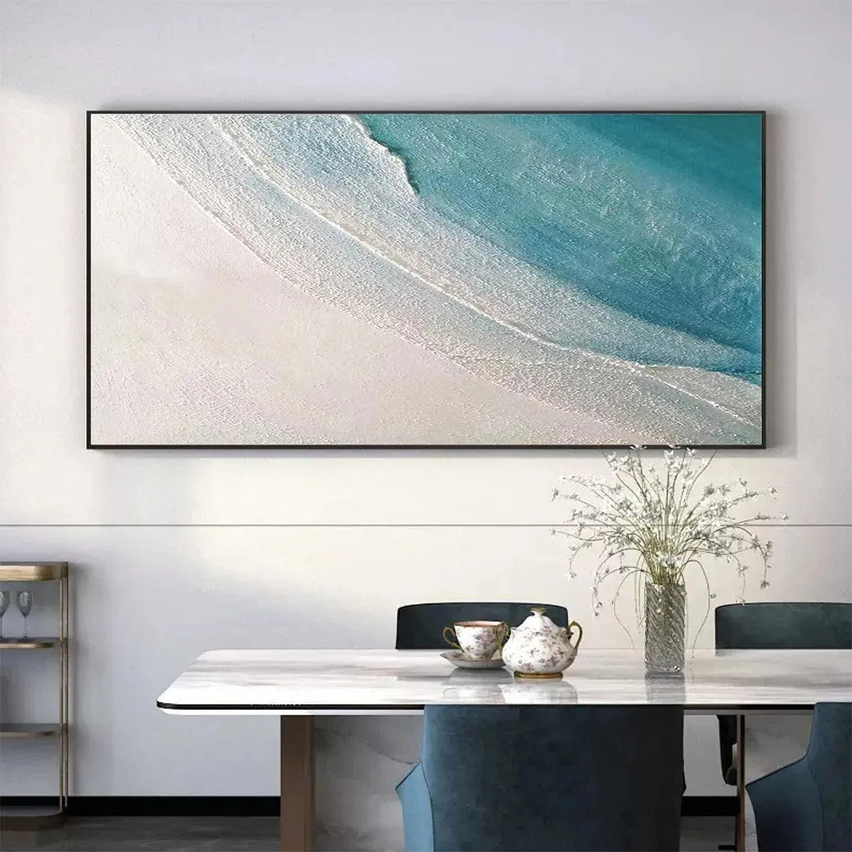 AZURE SHORES abstract beach painting by Liam O'Connell: blue and white textured coastal artwork, framed.