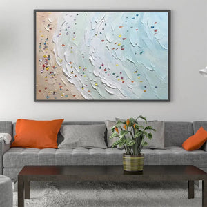 Javier Ramirez "Beach Day" textured minimalist beach scene painting with colorful umbrellas in a black frame.