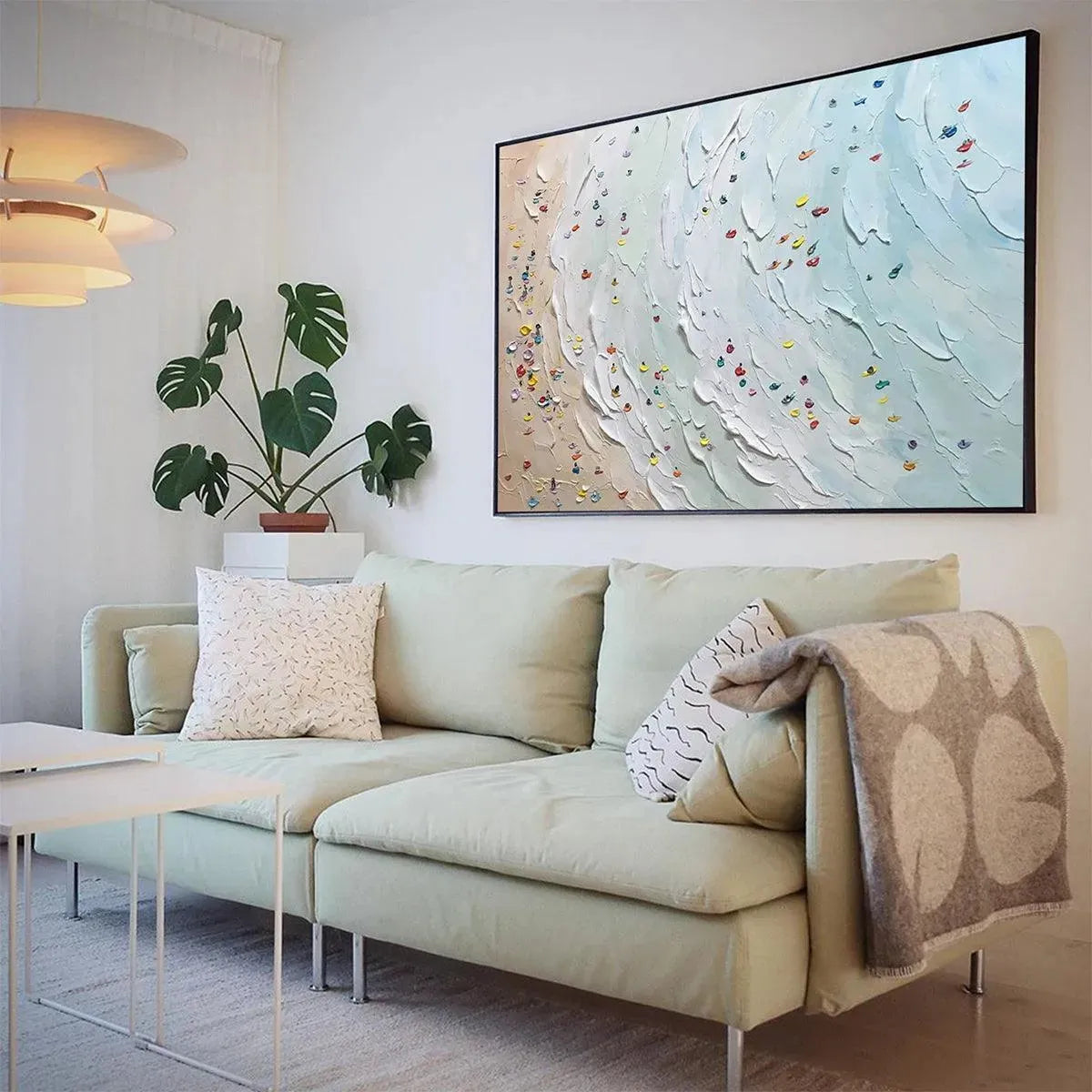 Javier Ramirez "Beach Day" textured minimalist beach scene painting with colorful umbrellas in a black frame.