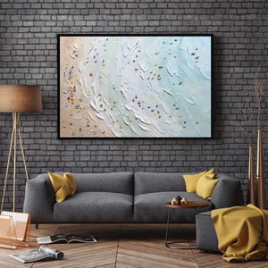 Javier Ramirez "Beach Day" textured minimalist beach scene painting with colorful umbrellas in a black frame.