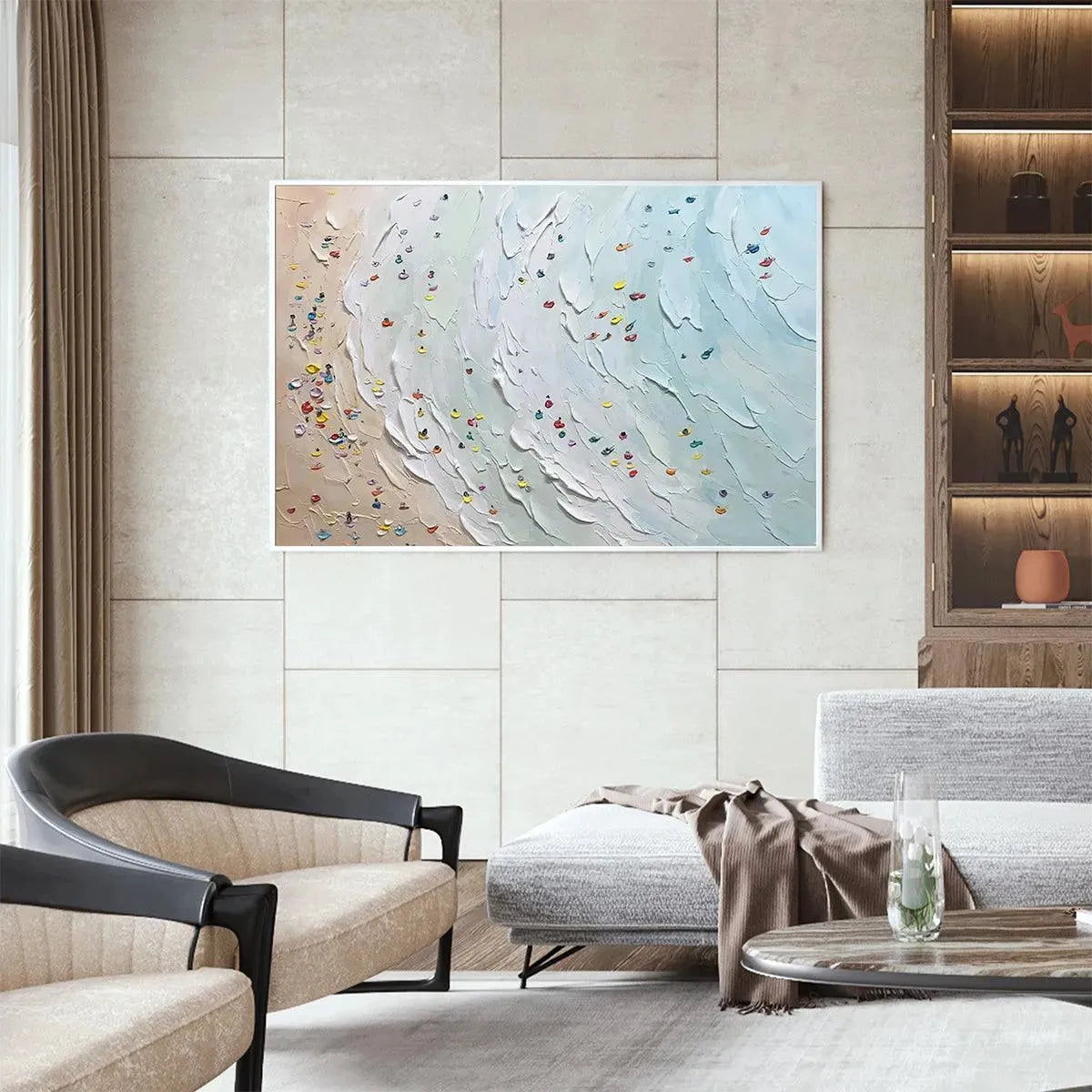 Javier Ramirez "Beach Day" textured minimalist beach scene painting with colorful umbrellas in a black frame.