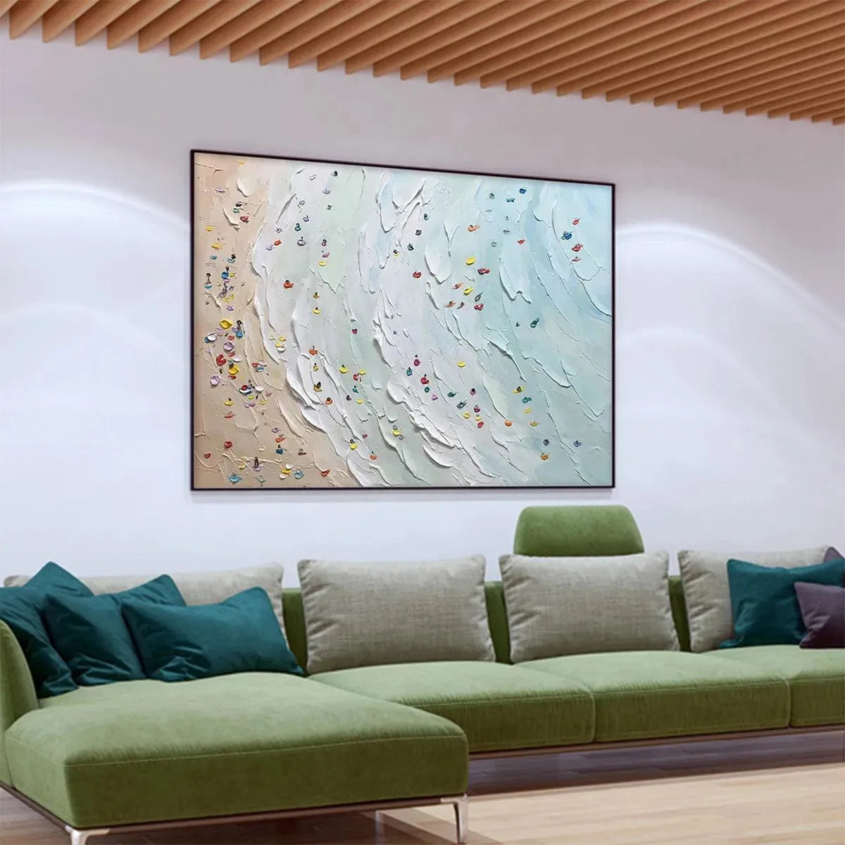 Javier Ramirez "Beach Day" textured minimalist beach scene painting with colorful umbrellas in a black frame.