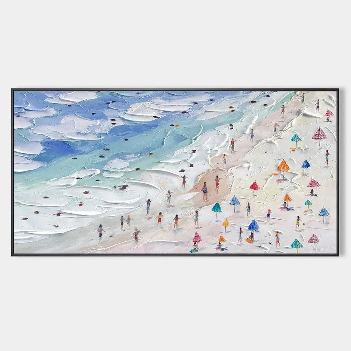 Beach Day Vibes painting by Liam O'Connell: beach scene with figures, umbrellas, and textured details, framed wall art
