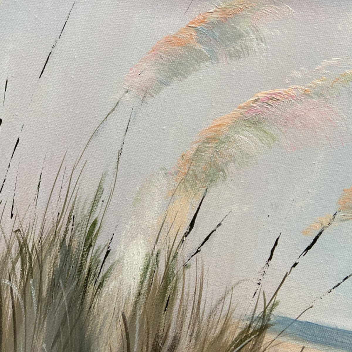 Beach Grass Panoramic oil painting artwork showcasing tall wispy grass, sand, calm ocean, and sky.