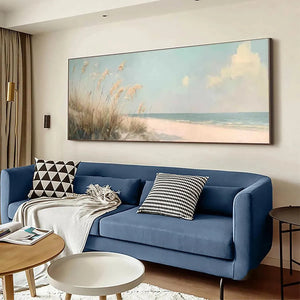 Beach Grass Panoramic oil painting artwork showcasing tall wispy grass, sand, calm ocean, and sky.