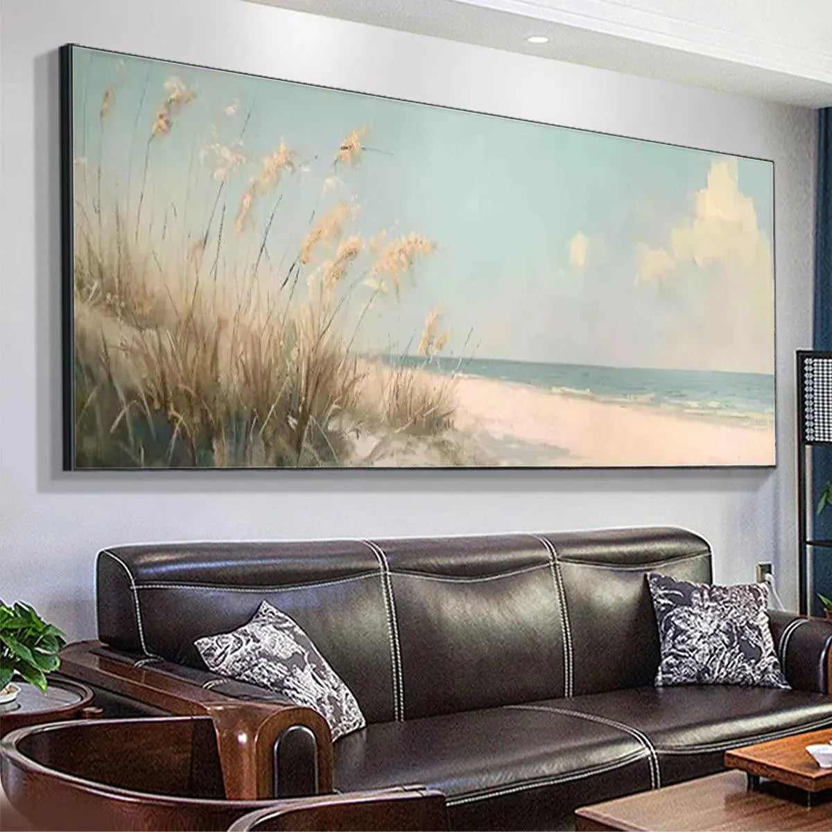 Beach Grass Panoramic oil painting artwork showcasing tall wispy grass, sand, calm ocean, and sky.