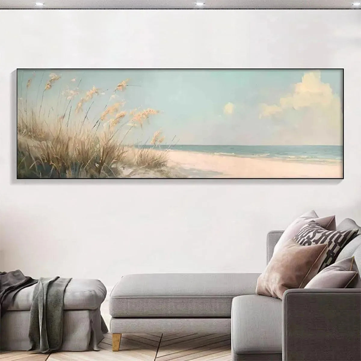Beach Grass Panoramic oil painting artwork showcasing tall wispy grass, sand, calm ocean, and sky.