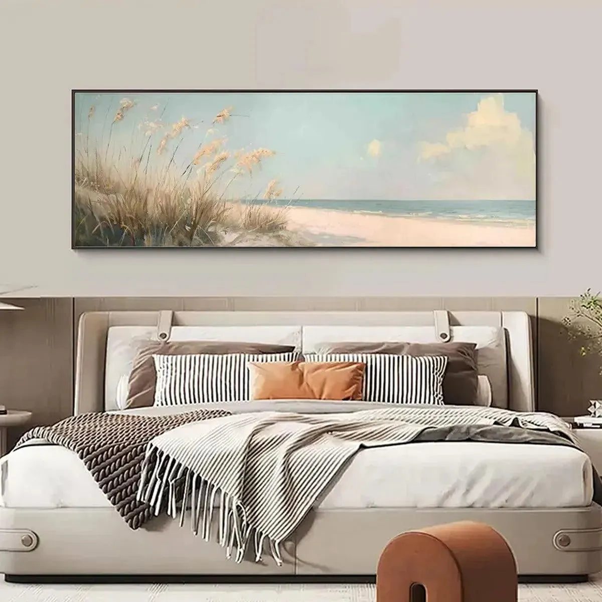 Beach Grass Panoramic oil painting artwork showcasing tall wispy grass, sand, calm ocean, and sky.