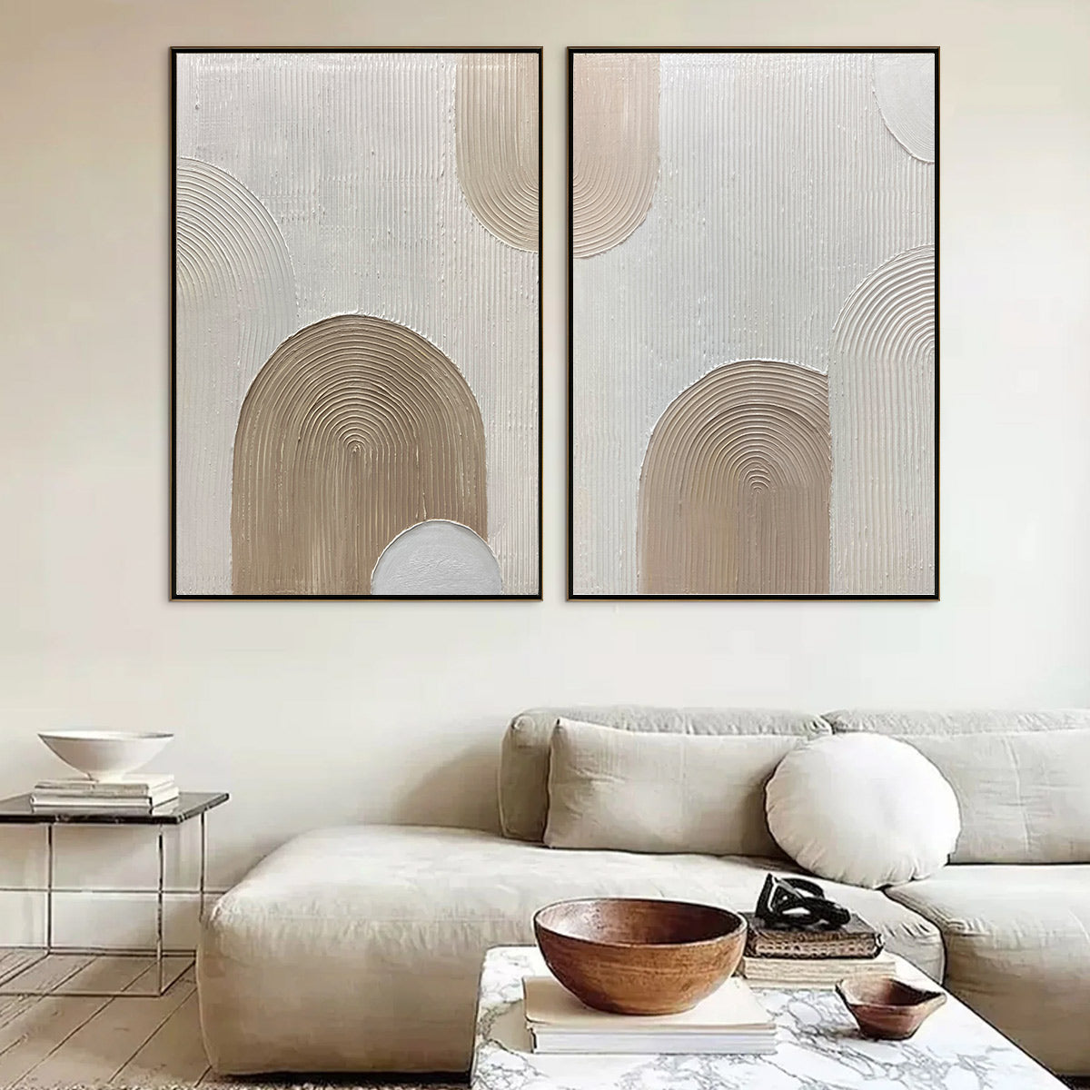 Ready to Ship ｜Beige Arches Diptych: Vertical Textured Abstract Wall Art Set
