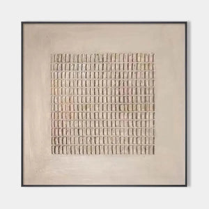 Beige Grid minimalist textured painting by Javier Ramirez, featuring a subtle grid pattern in a black frame.