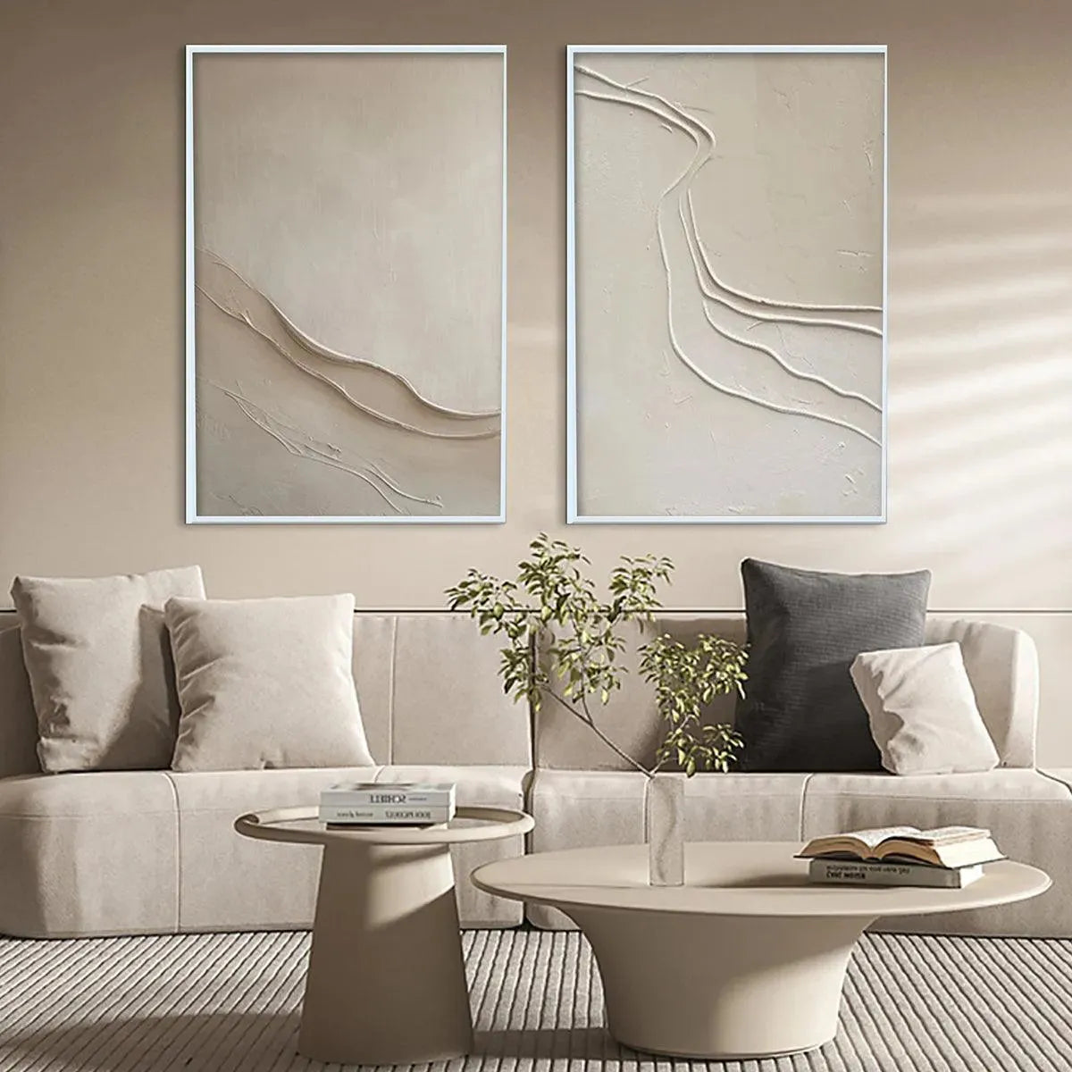 Beige Textured Abstract Diptych wall art set of 2, showcasing raised textured lines in a minimalist design.