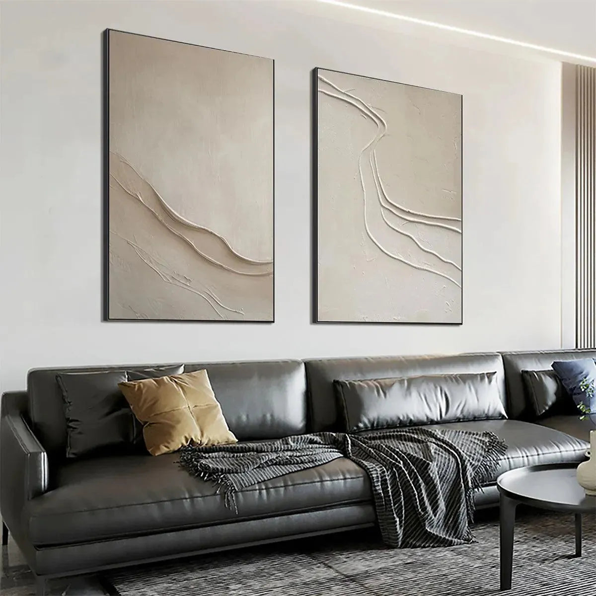 Beige Textured Abstract Diptych wall art set of 2, showcasing raised textured lines in a minimalist design.