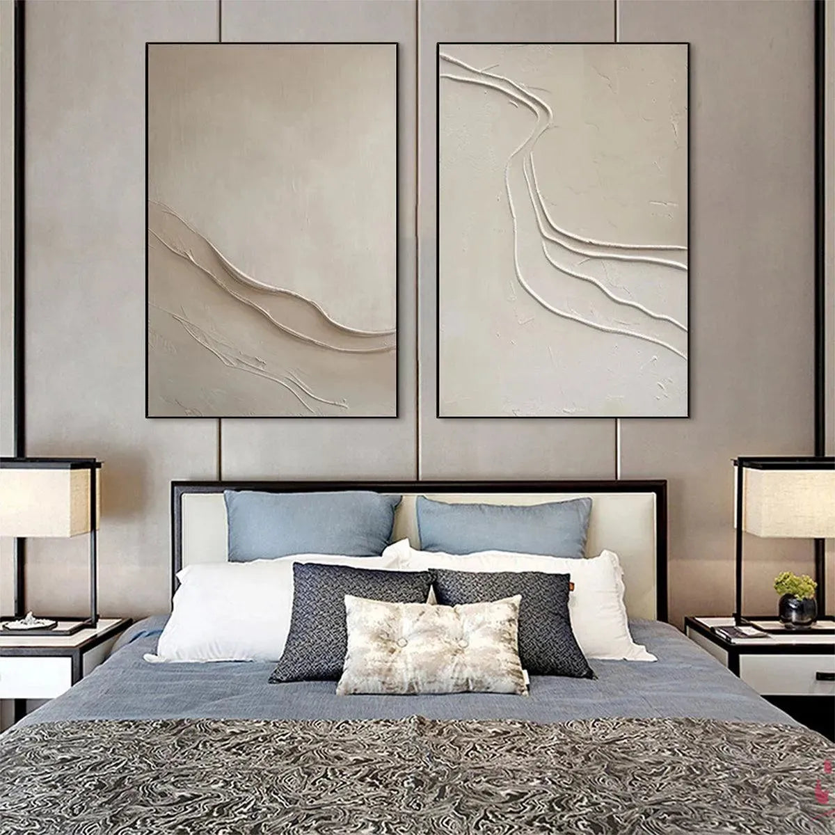 Beige Textured Abstract Diptych wall art set of 2, showcasing raised textured lines in a minimalist design.