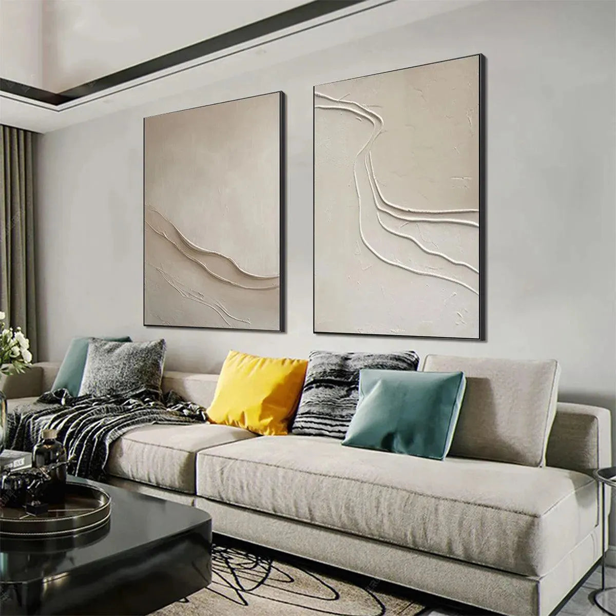 Beige Textured Abstract Diptych wall art set of 2, showcasing raised textured lines in a minimalist design.