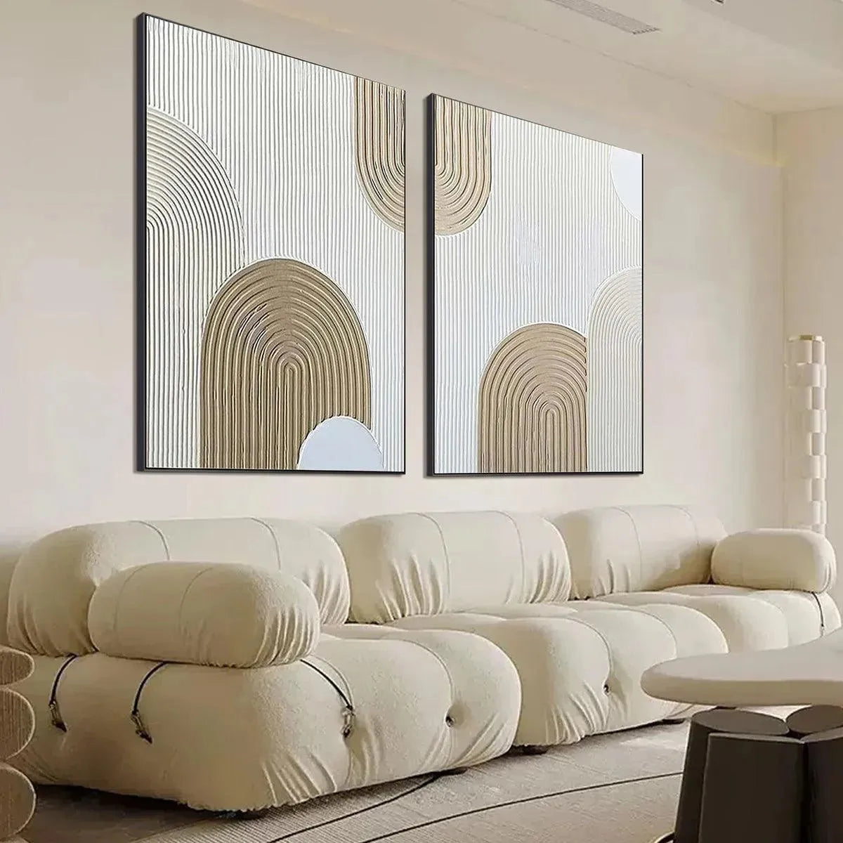 Beige Textured Arches Diptych by Isabella Rossi: Textured abstract painting set of 2 with neutral tones