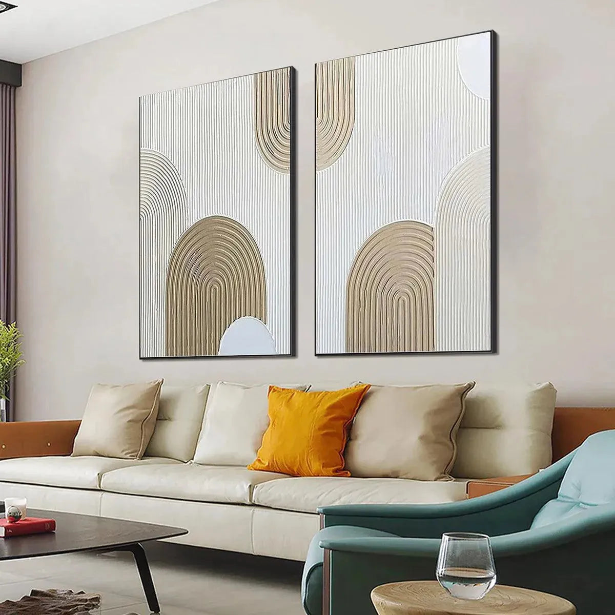 Beige Textured Arches Diptych by Isabella Rossi: Textured abstract painting set of 2 with neutral tones