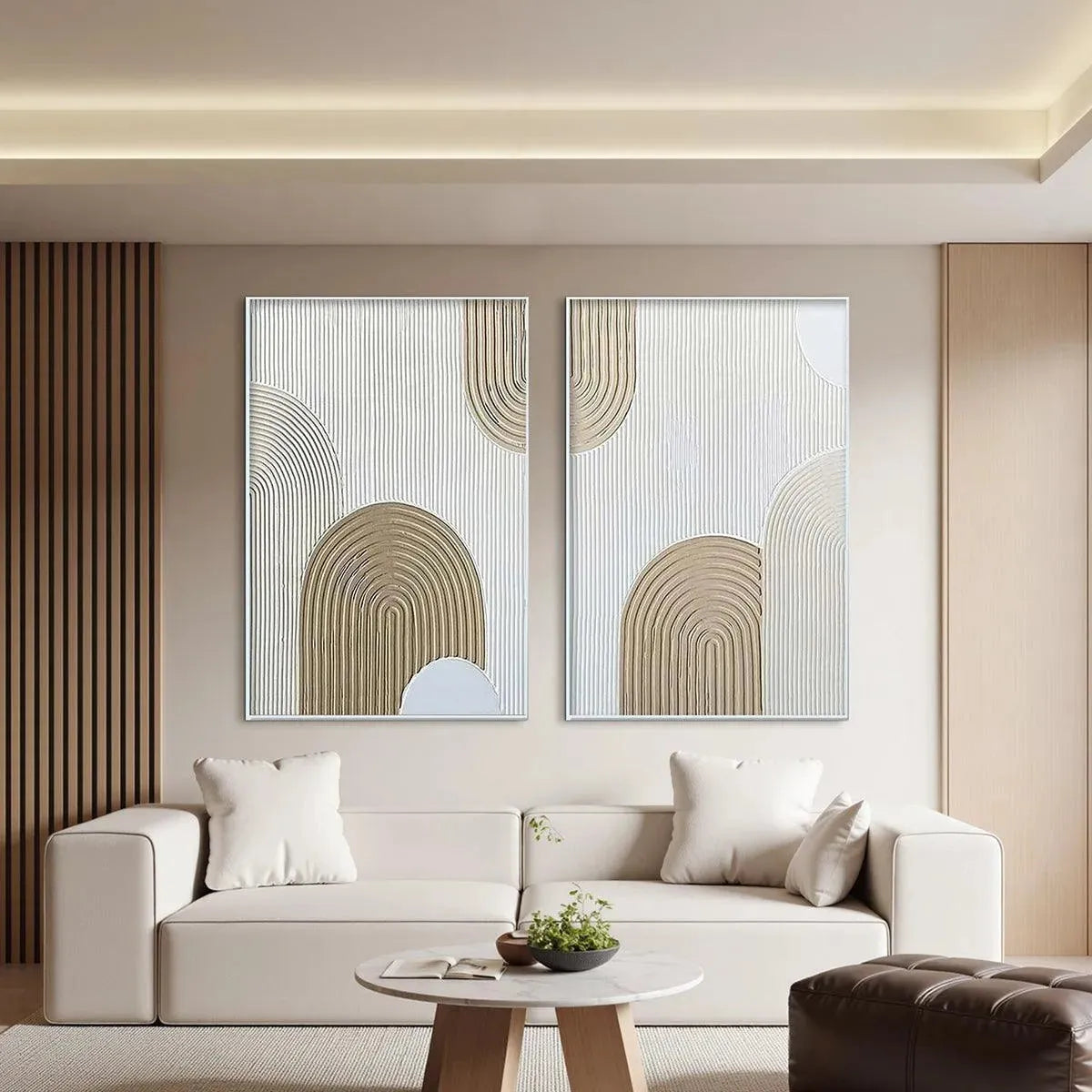 Beige Textured Arches Diptych by Isabella Rossi: Textured abstract painting set of 2 with neutral tones