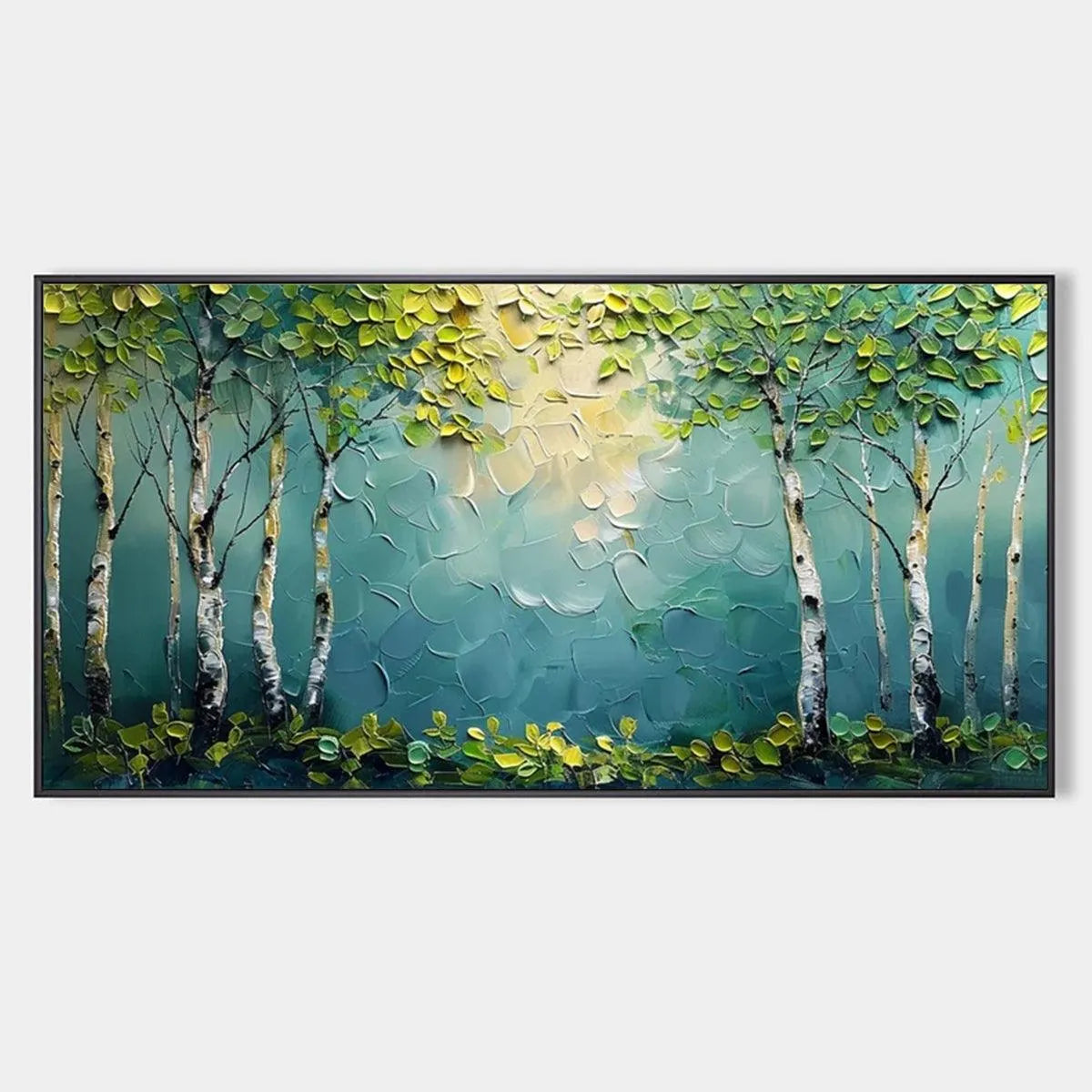 Textured Forest Painting, Impasto Wall Art, Horizontal Canvas, Birch Tree Decor